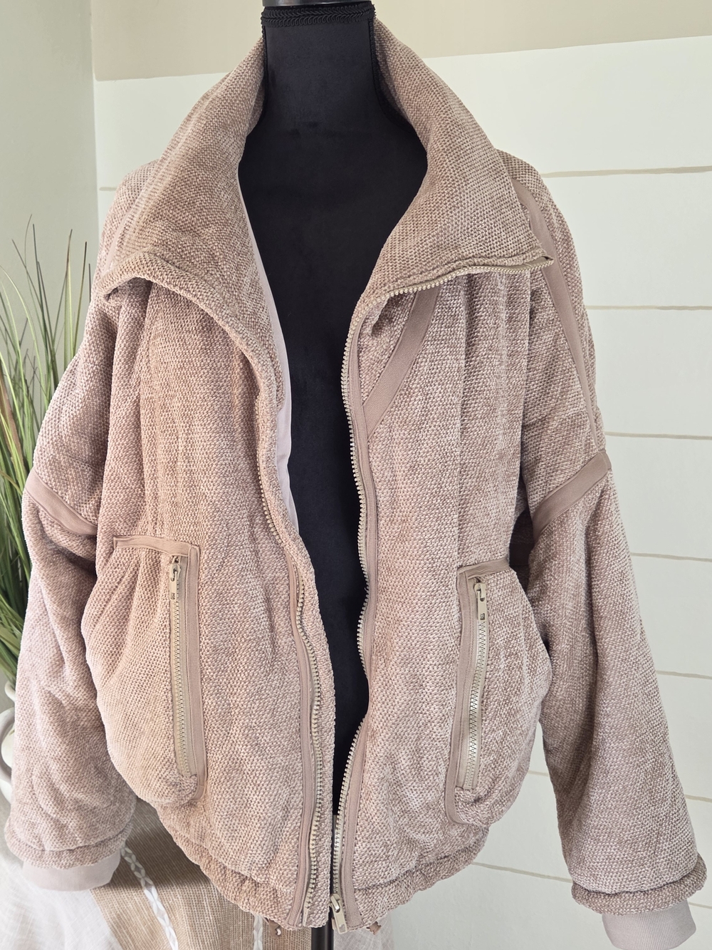 POL Mocha Plush Fleece Teddy Bear Coat Zip Up Bomber Jacket L Boho
